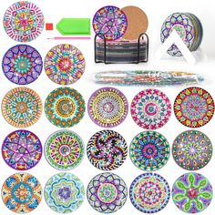 PRICES MAY VARY. Package Includes:You will get 18 different mandala themed diamond painting coasters, 18 stickable cork bases, 2 coaster holders, 1 diamond painting pen, 1 diamond tray, enough colored diamonds, 1 clay, the set contains all the accessories and tools you need for DIY diamond painting coasters. Premium Quality: These diamond art coaster made of thickened acrylic plastic, not easy to wear, break or deformation, to ensure long time use. The cork base can be attached to the back of th Dot Art Coasters, Diamond Art Coasters, Coaster Mandala Art, Dot Mandala Coasters, Coaster Dot Mandala, Coaster Holders, Mandala Coasters Painted, Coaster Projects, Diamond Paint