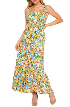 A sleeveless tiered maxi dress with an allover print. 52" length (size M) Square neck Sleeveless 100% rayon Machine wash Line dry Imported Model stats: 5'10" height, 32" bust, 25" waist, 36" hip. Model is wearing size M. Tiered Maxi Dress, Yellow Blue, Square Neck, Blue Floral, Nordstrom Rack, Sleeveless Dress, Nordstrom, Maxi Dress, Velvet