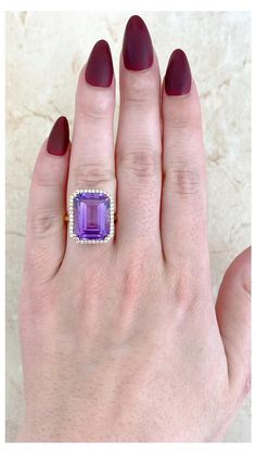 A Beautiful Gemstone Ring Centers An Emerald Cut, 12.50 Carat, Lively Natural Amethyst. Estate Diamond Jewelry, Perfect Engagement Ring, Amethyst Stone, Amethyst Gemstone, Round Brilliant Cut Diamond, Brilliant Cut Diamond, Unique Engagement Rings, Vintage Engagement Rings, Halo Diamond