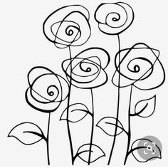 some flowers that are drawn in black and white with lines on the bottom, one flower has