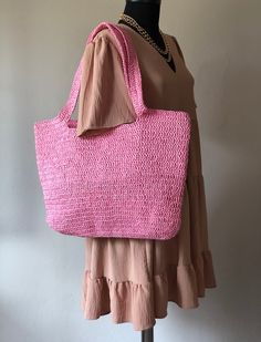 Any woman must have this bag for every fashionista.Whether you keeping it to yourself or gifting someone you care, it will be unforgettable. ✔️I made this beautiful bag from natural paper rope which is organic cotton. ✔️The interior of the straw summer bag has a magnetic button. Suitable for use as shoulder bag, beach bag or party bag ✔️You can combine your clothes with a straw summer bag on summer days ✔️Handcrrafted in Turkey ✔️Hand-crocheted with care ✔️This bag is light weight yet durable, b Casual Pink Crochet Bag For Daily Use, Trendy Handmade Vacation Shoulder Bag, Pink Square Crochet Bag For The Beach, Trendy Handmade Shoulder Bag For Vacation, Pink Square Crochet Bag For Summer, Pink Bohemian Rectangular Straw Bag, Pink Square Crochet Bag For Beach, Pink Woven Beach Bag For Summer, Chic Pink Crochet Bag With Adjustable Strap