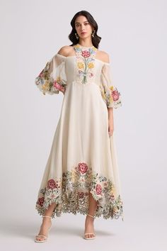 Ivory chanderi dress with 3D floral, multi-colored thread and beaded applique embroidery. - Aza Fashions Embroidery Dress Wedding, Chanderi Dress, Floral Applique Dress, Cold Shoulder Sleeves, Floral Halter Dress, Applique Shirts, Ivory Dresses, Applique Embroidery, Beaded Applique