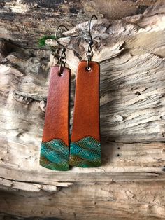 Bohemian Brown Rectangular Earrings, Brown Rectangular Bohemian Earrings, Bohemian Brown Hand Painted Earrings, Bohemian Hand Painted Brown Earrings, Brown Bohemian Hand Painted Earrings, Handmade Rust Leather Jewelry, Handmade Turquoise Leather Earrings, Handmade Leather Earrings In Turquoise, Handmade Leather Turquoise Earrings