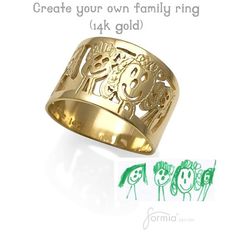 Create your own!!***Solid 14k gold ring designed by your kids!***-approx 1/2” wide-tapered width underneath- depending on artwork-handmade in USA-delivery in 2 weeks (or shorter if requested)A Mother’s gift in gold Email us your art to confirm design Antique Emerald Ring, Birthstone Ring Mothers, Family Ring, Emerald Ring Vintage, Family Rings, Gold Heart Ring, Family Drawing, Mom Ring, Art Ring