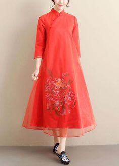 Elegant Red Embroidery Clothes Stand Collar Long Summer Dress - Omychic Embroidery Clothes, Long Summer Dress, Red Summer Dresses, Clothes Stand, Red Embroidery, Elegant Red, White Dress Summer, Long Summer Dresses, Dress Fabric