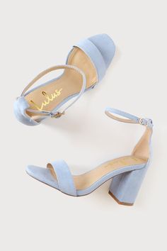 You're certain to step up your style essentials when you add the Lulus Arylee Light Blue Suede Ankle Strap Heels to your closet! Soft faux suede shapes a single toe strap, almond-shaped toe bed, and wrapped block heel. A dainty ankle strap rises from the sturdy heel cup and secures with a gold buckle. 3" wrapped block heel. Cushioned insole. Felted rubber sole has nonskid markings. All Man Made Materials. Imported. Lulus | Arylee Light Blue Suede Ankle Strap Heels | Size 8. Blue Sandals Heels, Blue Block Heels, Style Essentials, Almond Shaped, Size 11 Heels, 2024 Wedding, Suede Block Heels, Wedding Summer, Prom Shoes