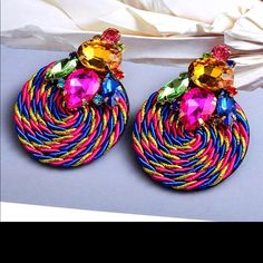 Colorful Crystal Handmade Round Earrings High-Quality Fashion Rhinestone Jewelry Trendy Handmade Clip-on Earrings For Party, Multicolor Crystal Party Earrings, Party Multicolor Crystal Earrings, Multicolor Rhinestone Earrings For Party, Multicolor Jeweled Crystal Earrings For Party, Summer Party Dangle Crystal Earrings, Summer Party Crystal Dangle Earrings, Trendy Multicolor Crystal Earrings, Multicolor Crystal Matching Earrings For Party