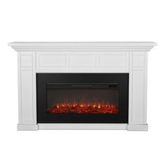 an electric fireplace with the fire burning in it's side and red flames on top