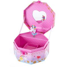 an open pink box with a unicorn on the lid and polka dot pattern inside it