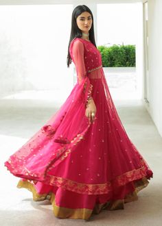 Rose pink net pashwas adorned with dabka, sequins & resham on the front and back neckline, bodice, sleeves, chan on the lower part of the pashwas and a jamawar border with gota edging. The ensemble is paired with an Indian rawsilk lehnga and a net dupatta with loop sets and booti chan. Pink Floor-length Net Dupatta, Pink Floor-length Raw Silk Dupatta, Pink Floor-length Dupatta With Cutdana, Pink Resham Embroidery Floor-length Dupatta, Floor-length Pink Chinon Dupatta, Astoria Ny, Net Dupatta, Raw Silk, Pink Roses