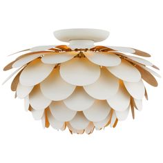 a light fixture with white petals hanging from it's center point, on a white background