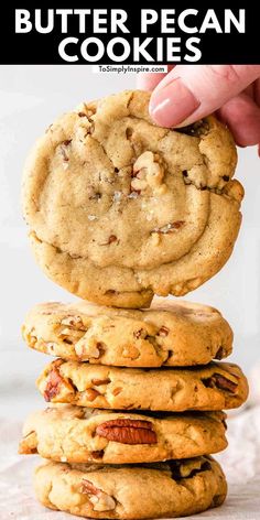 a stack of butter pecan cookies on top of each other with text overlay