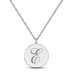 Pretty and personalized, this 10K white gold necklace features a disc inscribed with your initial in an elegant script font. The pendant suspends from an 18-inch rope chain that secures with a spring ring clasp. Initial Disc Necklace, Script Initial, White Gold Necklace, White Gold Necklaces, Disc Necklace, Accessories Jewelry Necklace, Script Font, Rope Chain, Spring Rings