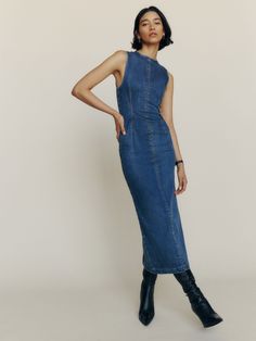 In case of getting dressed. Shop the Kendi Denim Midi Dress from Reformation, a sleeveless midi dress with a high neckline. Denim Dress Outfit, Long Denim Dress, Column Skirt, Denim Midi Dress, Stretch Denim Fabric, Midi Dress Sleeveless, Get Dressed, Denim Dress, Fashion Inspo Outfits