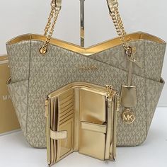 Michael Kors Large X Chain Sholder Tote & Large Double Zip Wallet Pale Gold Michael Kors Jet Set Travel Large X Chain Sholder Tote Color: Pale Gold Shoulder Bag Logo-Print Canvas 89.4% Coated Canvas/9.6% Polyester/1% Polyurethane Pale Gold Signature Color Gold -Tone Hardware 15.6”W X 11”H X 5.5”D Handle Drop: 10" Exterior Details: Front Slip Pocket Interior Details: Back Zip Pocket, 2 Back Slip Pockets Lining: 100% Polyester Zip Fastening Dust Bag Not Included Imported Michael Kors Jet Set Trave Gold Shoulder Bag, Gold Phone, Bag Logo, Red Leather Bag, Gold Wallet, Exterior Details, Mk Bags, Handbag Heaven, Black Leather Handbags