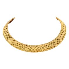 Step into the world of timeless elegance with this exquisite vintage Hermes 18k yellow gold collar. Crafted with meticulous artistry in France, this luxurious necklace exudes the essence of sophistication and refinement. The collar showcases a stunning woven pattern, a testament to the expert craftsmanship and attention to detail that defines Hermes jewelry. With a fully hallmarked design, you can be assured of the authenticity and quality of this precious piece. The inside circumference of 14.5 Luxury Hallmarked Yellow Gold Jewelry, Classic Yellow Gold Luxury Necklace, Gold Necklace 1stdibs, Luxury Yellow Gold Choker, Luxury Formal Choker With 17 Jewels, Formal Luxury Choker With 17 Jewels, Luxury Yellow Gold Choker For Formal Events, Exquisite Yellow Gold Formal Necklaces, Exquisite Yellow Gold Formal Necklace