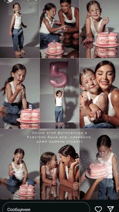 a collage of photos with children and cakes on them, including the number five