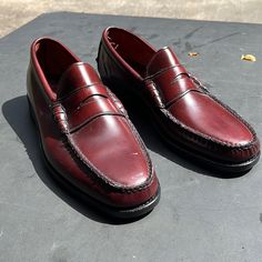 Brand New Burgundy Penny Loafers Shoes Great Shape No Damage Red Slip-on Loafers With Plain Toe, Classic Loafers With Red Sole For Business, Classic Business Loafers With Red Sole, Classic Wingtip Loafers With Red Sole, Classic Loafers With Red Sole And Plain Toe, Classic Slip-on Loafers With Red Sole, Classic Tassel Loafers With Red Sole, Classic Burgundy Loafers With Rubber Sole, Classic Loafers With Red Sole For Work