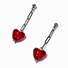 Claire's Red Puffy Heart Chain Drop Earrings Cute Red Heart Earrings, Cheap Red Heart Shaped Earrings, Red Heart Dangle Earrings, Red Dangle Clip-on Earring, Red Nickel-free Dangle Heart Earrings, Piercing Kit, Red Heart Earrings, Heart Chain, Puffy Heart