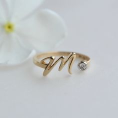 "Lower case alphabet ring, crafted in solid 14k or 18k gold, this personalized ring is a thoughtful gift for yourself and your loved ones. Customize with initials of your kids for a push present, spouse/partner to celebrate a milestone or anniversary or for Mother's Day, this ring is comfortable for everyday wear and solid. It makes for a great gift for pet parents and lovers too! Perfect to stack with other rings! *We will share a mock-up before starting the manufacturing process so you know what it will look like. * *  Gold: 14k / 18k Solid Gold  *  Gold Colour: Yellow / Rose / White  *  Gold Wt.: ~1.4 gm (14kt) *  Gemstone: Natural Genuine Diamond *  Diamond Wt.: ~0.03 Ct *  Color-Clarity: H-I, Vs-Si  * Authenticity Check: This ring will be marked for gold and will come with EGL (or equ Diamond Monogram Initial Ring For Promise, Personalized Diamond Initial Ring For Wedding, Anniversary Diamond Rings With Monogram, Diamond Initial Ring For Promise, Personalized Diamond Initial Ring For Anniversary, Personalized Diamond Ring For Gift, Custom Name Initial Ring In 14k Gold For Promise, Diamond Initial Ring In Yellow Gold, Personalized 14k White Gold Initial Ring