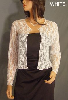 Comfortable and chic! Hip length Lace long sleeve bolero wedding jacket shrug. Perfect for anyone looking for a little extra coverage. Made From 40% Nylon & 60% Soft Rayon Lace Fabric To Give It A Nice Drape & The Stretchability To Last! Newly made in each size and ready to ship. VIEW PICTURES FOR SIZE AND MEASUREMENT CHART If you are needing more then four of this item just let us know. We are happy to offer VOLUME DISCOUNTS We keep several in each size in stock so that we can ship all White Chic Fitted Shrug, Long Sleeve Shrug For Spring Evenings, Formal Long Sleeve Shrug For Fall, Long Sleeve Spring Evening Shrug, Formal Spring Long Sleeve Shrug, Elegant Long Sleeve Stretch Shrug, White Stretch Long Sleeve Shrug, Fitted Formal Shrug For Fall, Long Sleeve Shrug For Spring Weddings