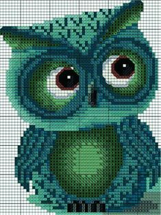 an owl with big eyes is shown in the cross stitch pattern, and it looks like he