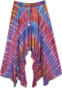 Trendy Uneven Hemline Jersey Skirt - Tie dye boho skirt that symbolizes your hip summertime spirit.  Vivid, vibrant, and vivacious, this retro style skirt will make you feel hot and hip all summer long. #tlb #chicfashion #TieDye #Yoga #Hippie Hippie Multicolor Bottoms For Beach Season, Summer Hippie Skirt For Vacation, Hippie Skirt For Summer Vacation, Hippie Summer Vacation Skirt, Hippie Style Summer Vacation Skirt, Summer Vacation Hippie Skirt, Hippie Beach Skirt For Summer, Bohemian Multicolor Maxi Skirt For Spring, Summer Bohemian Flowy Skirt