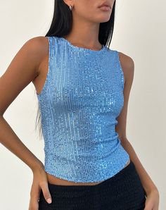 Hala Top in Drape Mini Sequin Light Blue Blue Festival Outfit, Boat Neck Design, Bday List, Top Azul, Winter Ball, Blue Drapes, Festival Inspo, Sparkly Top, Summer Bodycon Dress