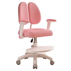 a pink office chair sitting on top of a white desk