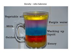 a rainbow colored liquid in a glass mug with the words, density - john sallemme