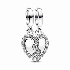 Show them that they're one in a million with the Friends Splittable Heart Dangle Charm. Nothing says best friends forever like gifting your bestie one half of a sterling silver charm engraved with the message "Friends to the end" on both halves. Both sides of the heart feature a polished center with sparkle along the outline. The heart-shaped design features a crack in the middle, which completes the heart shape when the two halves are placed together. A great friend is hard to find, so celebrat Charms Pandora, Bracelet Pandora, Pandora Hearts, Pandora Bracelet Charms, Bead Charm Bracelet, Dangle Charms, Pandora Bracelet, To The End, Stunning Jewellery