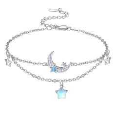 PRICES MAY VARY. 【Design】Moon star link bracelet inspired by the night sky, a romantic accessory for day and night. 【Size】The moonstone jewelry have a size of 0.6 inches. ❤The adjustable bracelet have 7"+2" extension chain. 【Gifts】The star and moon jewelry for women comes in an exquisite jewelry gift box with silver polishing cloth. 【Material】The star and moon bracelet women is made of 925 sterling silver and moonstone, suitable for long-term wearing. 【Jewelry】The celestial jewelry is great for Celestial Charm Bracelet With Star Charm As Gift, Celestial Star Charm Bracelet Gift, Silver Moon Jewelry, God Jewelry, Celestial Bracelet, Silver Star Bracelet, Moon Accessories, Star Bangle, Bracelet Inspired