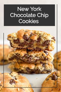 chocolate chip cookies stacked on top of each other with the words new york chocolate chip cookies