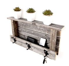 three potted plants are mounted to a wooden shelf with hooks on each side and hanging from the wall