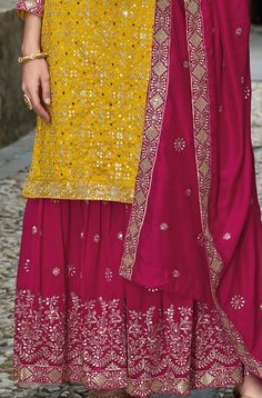 COLOR : Yellow & Burgundy FABRIC : Top, Bottom & Dupatta - Premium Silk WORK : Metal Thread Embroidery, Heavy Sequin Work, Motifs, Lace Border OCCASION : Wedding, Reception, Party Wear, Festival READY-TO-WEAR : No STITCHING : Available as semi-stitched fabric, can be stitched using standard size option (+$20). Note: There might be a slight color variation due to lighting and flash used during photoshoot. The bright shade seen is the best closer view of fabric's color. Wedding Sharara Suit, Wedding Sharara, Wedding Reception Party, Burgundy Fabric, Holiday Promotions, Sharara Suit, Reception Party, Silk Wedding, Thread Embroidery