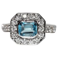 In very good condition. Total weight is 5.2 grams. Totally is diamond 0.90 carat. The diamond is has F-G color and vvs-vs . Totally is aquamarine 1 ct. Ring size is US 8 (We offer free resizing) We can make any size. Box is not included. Please contact for any questions. Classic White Gold Diamond Ring With Blue Topaz, 14k White Gold Emerald-cut Topaz Ring, Emerald Cut Topaz Ring With Diamond Accents For Anniversary, Gia Certified Emerald Cut Cluster Ring In White Gold, White Gold Diamond Ring With Brilliant Cut Blue Topaz, Classic Anniversary Diamond Topaz Ring, Classic Diamond Topaz Ring For Anniversary, Classic Topaz Ring With Diamond And Vvs Clarity, Fine Jewelry Asscher-cut Topaz Ring With Diamond