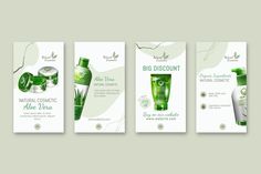 three banners with green items on them for the skin care brand, which is being displayed in