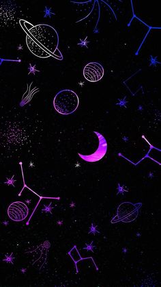 purple stars and planets in the night sky with pink glow on it's surface