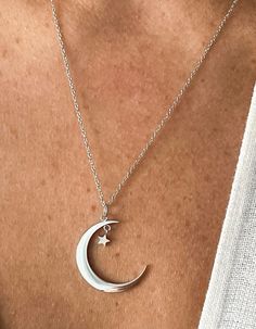 Sterling Silver Moon Phase Charm Necklaces, Silver Necklace With Moon Charm And Star Shape, Silver Moon Charm Necklace With Adjustable Chain, Sterling Silver Charm Necklace With Moon And Star, Sterling Silver Star And Moon Charm Necklaces, Sterling Silver Star Charm Necklace With Moon Charm, Silver Crescent Charm Necklace, Silver Crescent Charm Necklace With Star, Sterling Silver Moon Shaped Necklace With Star Charm