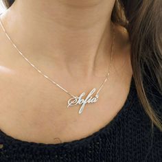 925 Silver Name Pendant - Custom Made Necklace - Personalized Jewelry - Cursive Sofia . . . . . . . . . . . . . . . . . . . . . . . . . . . . . . . . . . . . . . . . . . . . . . . . . . . . . . . . . Looking for a thoughtful gift for your loved one? You will love this high quality 925 Silver Name Pendant. This is a perfect gift for your girlfriend or wife. Personalize it with her name in a beautiful font. This lovely 925 sterling silver custom made necklace is made to order. Choose the name or w Hallmarked White Gold Name Necklace For Anniversary, Silver Fine Jewelry For Personalized Gift, Personalized Silver Fine Jewelry Gift, Fine Silver Jewelry For Personalized Gift, Silver Hallmarked Nameplate Jewelry, Personalized Silver Fine Jewelry, Silver Nameplate Necklace For Anniversary, Personalized Sterling Silver Nameplate Jewelry, Personalized Nameplate Jewelry With Polished Finish