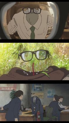 three different scenes from the anime show, one with glasses and another with an eye patch