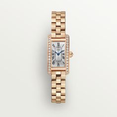 Cartier - Tank Américaine watch - Watch Gold - Tank Américaine watch, mini model, quartz movement. 18K rose gold (750/1000) case and faceted crown set with 31 brilliant-cut diamonds totaling 0.55 carats. Silvered sunray dial, blued-steel sword-shaped hands, sapphire crystal. 18K rose gold (750/1000) bracelet. Triple clasp in rose gold 750/1000. Case dimensions: 28 mm x 15.2 mm, thickness: 6.5 mm. Water-resistant up to 3 bar (approx. 30 meters/100 feet). Cartier Tank Americaine, Tank Watch, Mini Model, Cartier Tank, Forever Jewelry, Blue Steel, Watch Collection, Sapphire Crystal, Brilliant Cut Diamond