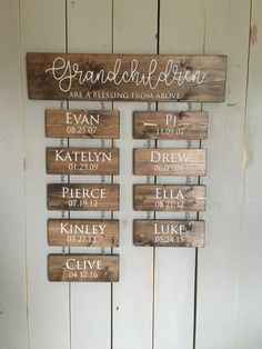 a family name sign hanging on the side of a wooden wall in front of a white door