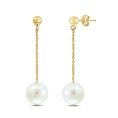 Lustrous freshwater cultured pearls dangle elegantly in these exquisite women's drop earrings. Fashioned in 14K yellow gold, the earrings secure in place with friction backs. From the Lali Jewels Collection. Yellow Gold Briolette Pearl Earrings For Anniversary, Anniversary Yellow Gold Pearl Chain Earrings, Fine Jewelry Pearl Drop Dangle Earrings, Gold Briolette Pearl Earrings For Formal Occasions, Yellow Gold Long Drop Pearl Earrings, Yellow Gold Pearl Drop Earrings In Fine Jewelry Style, Timeless Yellow Gold Dangle Pearl Earrings, Yellow Gold Drop Earrings With Pearl Pendant, Classic Drop Earrings With Pearl Chain