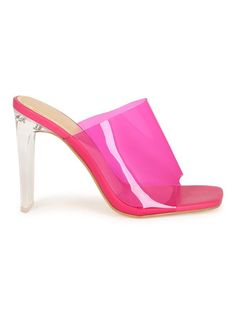 These gorgeous statement mules are a must have for every fashionista. Featuring a vibrant clear pvc detail and stacked heel for that sassy and classy look. Finished with a lightly padded insole and easy slide style.Material: PVC (man-made)Sole: Synthetic Measurement Heel Height: 4” (approx) Chic Pink Slip-on Slides, Spring Clear Sandals For Night Out, Clear Sandals For Spring Night Out, Clear Sandals For Night Out In Spring, Summer Party Pvc Heels, Chic Jelly Sandals With Transparent Straps And Open Heel, Modern Pink High Heel Mules, Trendy Clear High Heel Jelly Sandals, Trendy High Heel Clear Jelly Sandals