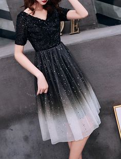 A-Line Cocktail Dresses Sparkle Dress Party Wear Cocktail Party Knee Length Short Sleeve V Neck Tulle with Pleats Sequin Black Prom Dresses For Prom Season, Black Tulle Dresses For Party Season, Black Tulle Dress For Party, Black Dresses For Banquet And Prom Season, Black Sequin Dress For Banquet, Black Dress For Banquet During Prom Season, Knee-length Summer Party Dresses, Black Tulle Dress For Formal Occasion, Black Tulle Mini Dress For Cocktail