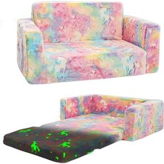 the couch and ottoman are covered in multicolored fabric, with different designs on them