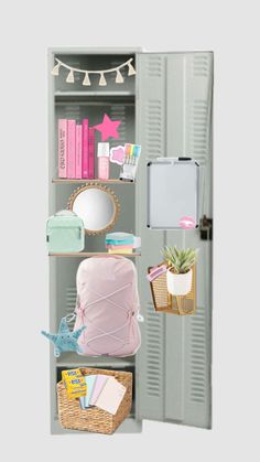 an open locker filled with lots of items and books on it's shelves next to a mirror