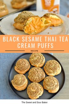 black sesame thai tea cream puffs on a plate and in the background, there is an image of several pastries