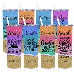 six glitter tumblers with names on them